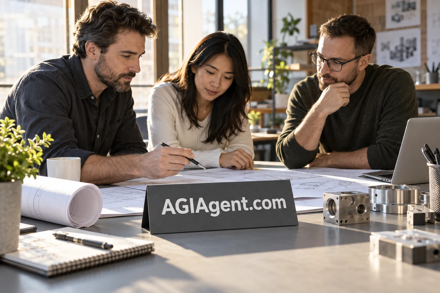A team reviewing plans beside an AGIAgent.com desk sign