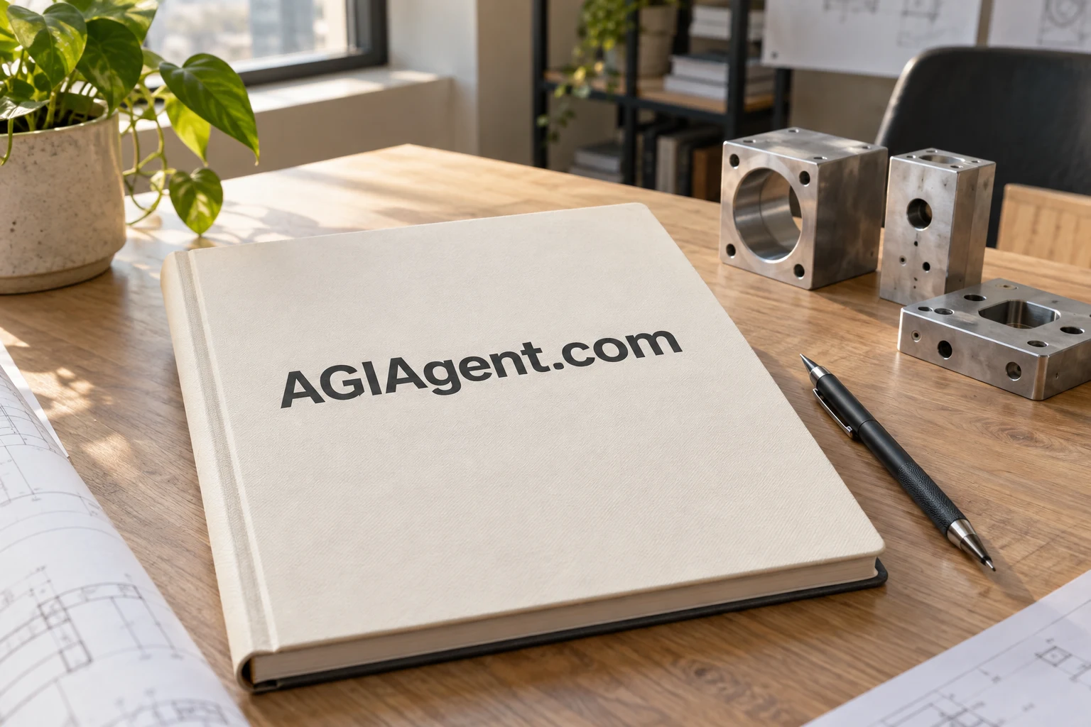AGIAgent.com printed on an ivory notebook beside machined components